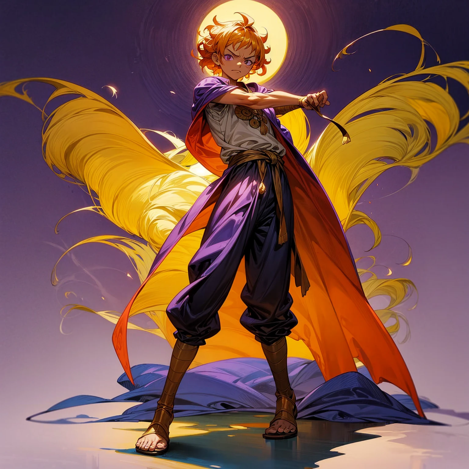 Medieval Thema, Solo character, full body version, kid boy, tan skin, red half yellow color hair, Curly hairstyle, purple eyes, student Medieval outfit, background in school classrooms, standing gesture, (one piece style art), (His face looks like Gol D Roger from one piece)
