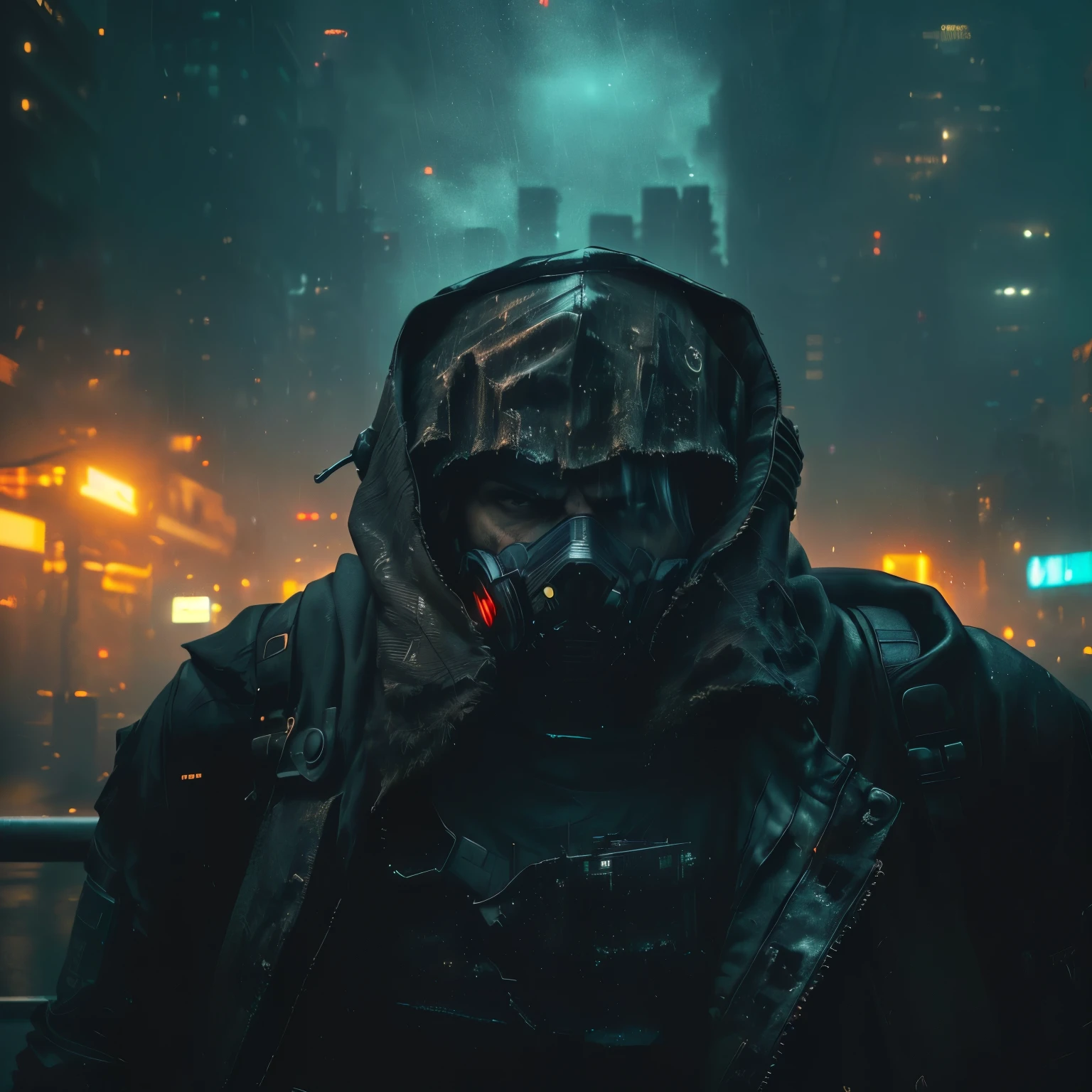 man wearing a hood in the rain with a city in the background, ( apocalyptic ) 8 mil, cinematic lighting, atmospheric detailed and gritty, cinematic atmospheric photo, dramatic cinematic portrait, Cyberpunk horror style, dramatic cinematic action, in a post apocalyptic city, apocalyptic 8 mil, apocalyptic 8k, dramatic cinematic scene, science fiction drama film still