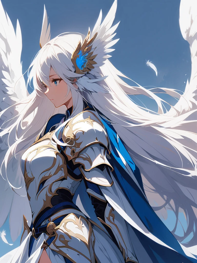 1girl angel angel_wings armor feathers_long wing feathers_hair shoulder armor shoulder_Armor single_wing solo upper part_The body is white_Theme white_wings wings