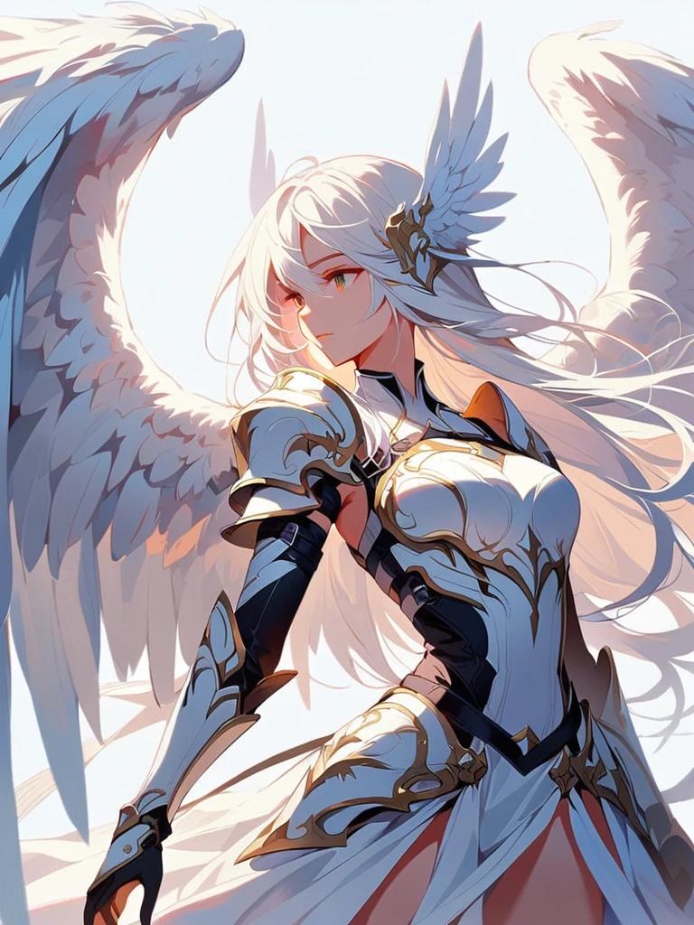 1girl angel angel_wings armor feathers_long wing feathers_hair shoulder armor shoulder_Armor single_wing solo upper part_The body is white_Theme white_wings wings