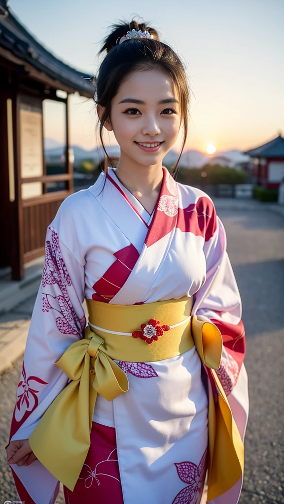 (nsfw), (((Highest quality, 8k, masterpiece))), Sharp focus, (Beautiful woman with a perfect figure), thin, (Hairstyle: upper, long hair tied up with a cute kimono obi, adorned with a cane accessory), street: 1.2 Highly detailed face and skin texture Detailed eyes Double eyelid Random pose, (smile), upper cuteness of a Japanese person, upper beauty of a Japanese girl, Realistic Face, double eyelid, smile, Summer festival at sunset