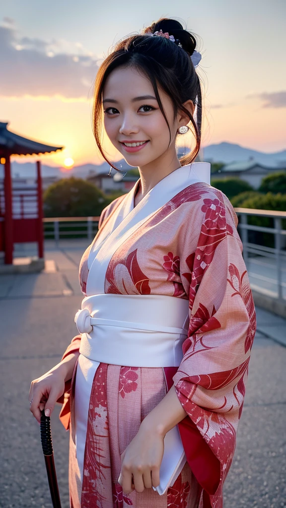 (nsfw), (((Highest quality, 8k, masterpiece))), Sharp focus, (Beautiful woman with a perfect figure), thin, (Hairstyle: upper, long hair tied up with a cute kimono obi, adorned with a cane accessory), street: 1.2 Highly detailed face and skin texture Detailed eyes Double eyelid Random pose, (smile), upper cuteness of a Japanese person, upper beauty of a Japanese girl, Realistic Face, double eyelid, smile, Summer festival at sunset