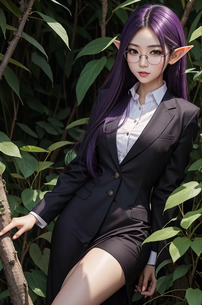 Long Purple hair, Vietnamese, beautiful 23 year old woman, very attractive, brown eyes, elf ears, very cute, thin athletic body, wearing black professional business attire and glasses, photoshoot, in jungle