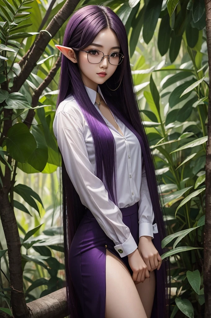 Long Purple hair, Vietnamese, beautiful 23 year old woman, very attractive, brown eyes, elf ears, very cute, thin athletic body, wearing black professional business attire and glasses, photoshoot, in jungle