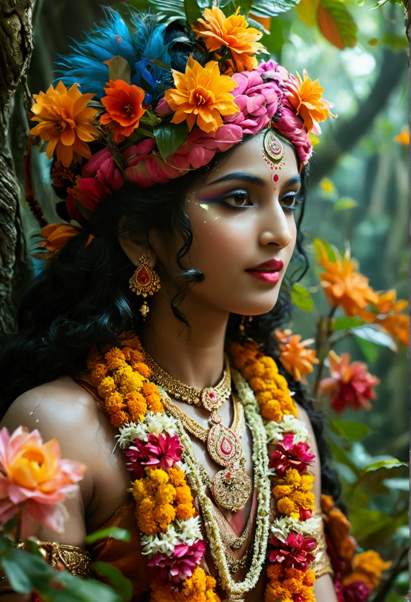 Create a vivid and evocative scene inspired by the timeless bond of Lord Krishna and Radha, set in a lush, enchanting forest, with Krishna playing the flute, their joy and love reflected in the vibrant surroundings. Draw upon the essence of ancient texts and traditional narratives to capture the beauty and spirituality of this divine moment.