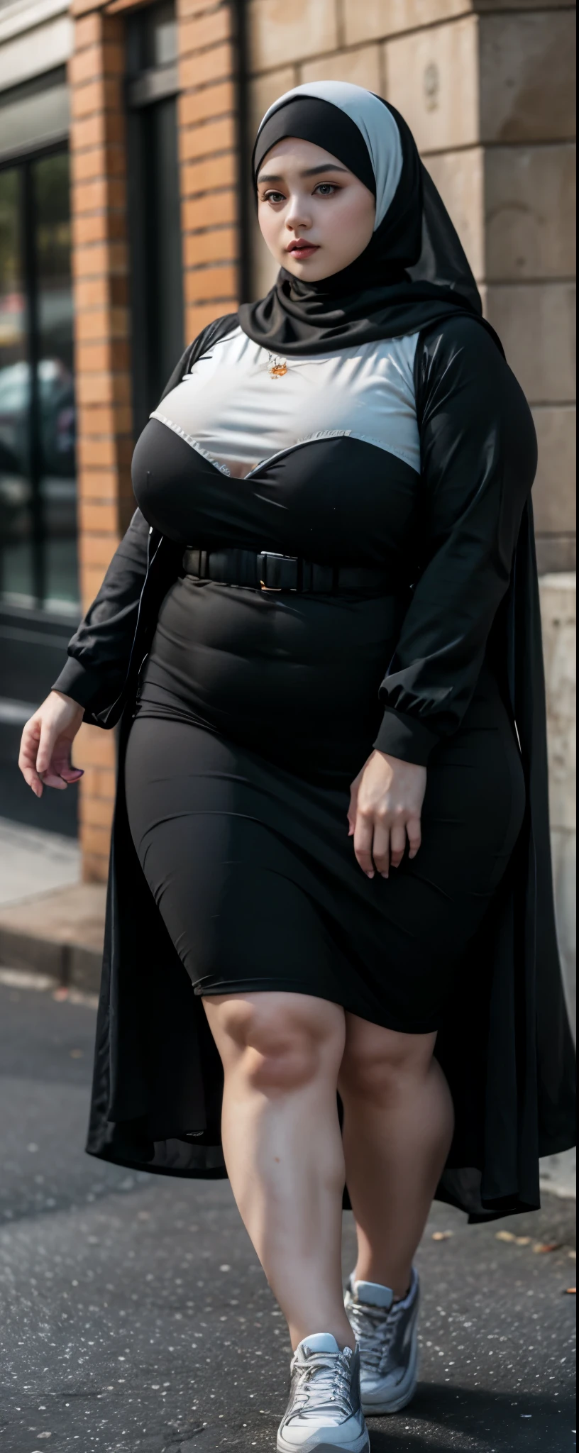 Milky white skin woman in black dress and hijab walking down the street, , hijab outfit, , hijab fashion model, plus size, plus size woman, , woman in black robes, beautiful woman, thicc, black outfit,, bbwchan , white sneakers , Height 170 cm, beautiful woman, with a beautiful appearance, a very beautiful masterpiece, a masterpiece of art, good lighting, Bright colors, Clean lines, .