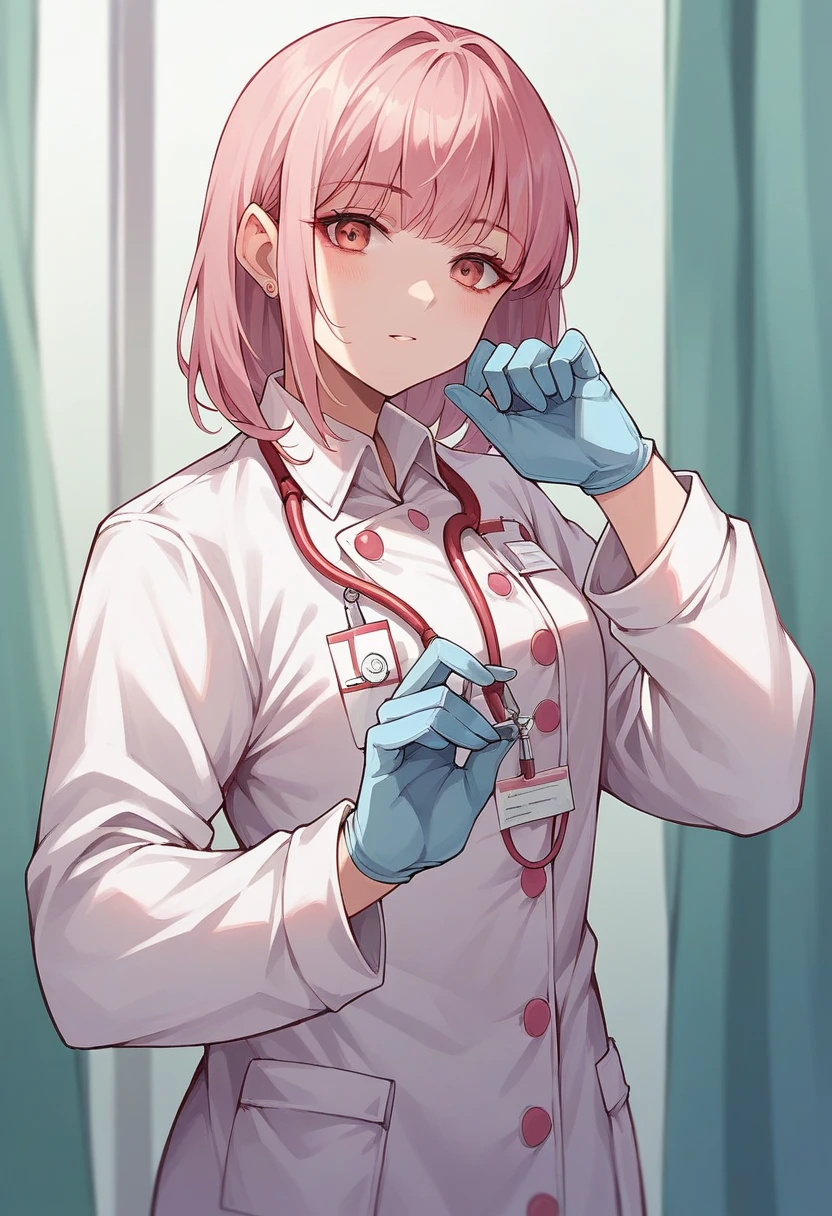 1girl, bangs, ((blue medical gloves)), ((((long sleeves)))), looking at viewer, ((pink doctor outfit)), standing, solo