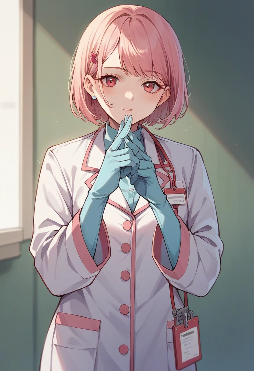 1girl, bangs, ((blue medical gloves)), ((((long sleeves)))), looking at viewer, ((pink doctor outfit)), standing, solo