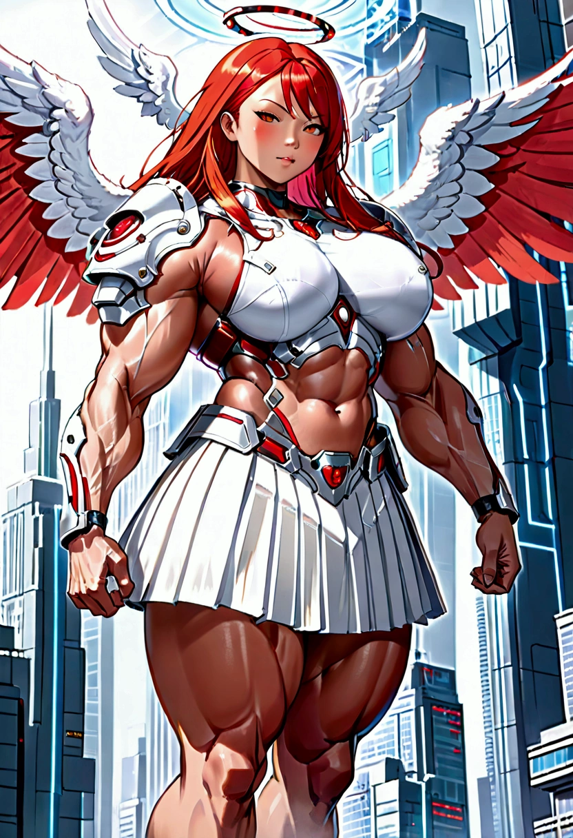 ((((Massive tall, beautiful, buff, pale white skinned muscular asian angel woman with red hair, huge angel wings, ginormous bulky muscles and wearing a beautiful white angel futuristic armor with pleated skirt)))), (close view), massive muscles, massive biceps, hyper muscle shoulders, massive muscle arms, vascular shoulders, hyper muscle triceps, huge angel wings, (long hair), pleated skirt, yellow eyes, choker, angel gauntlets, on top of a magical skyscraper in a mystical world, smile, hyper vascular arm, hyper muscles arms, hyper muscle legs, (massive arms).