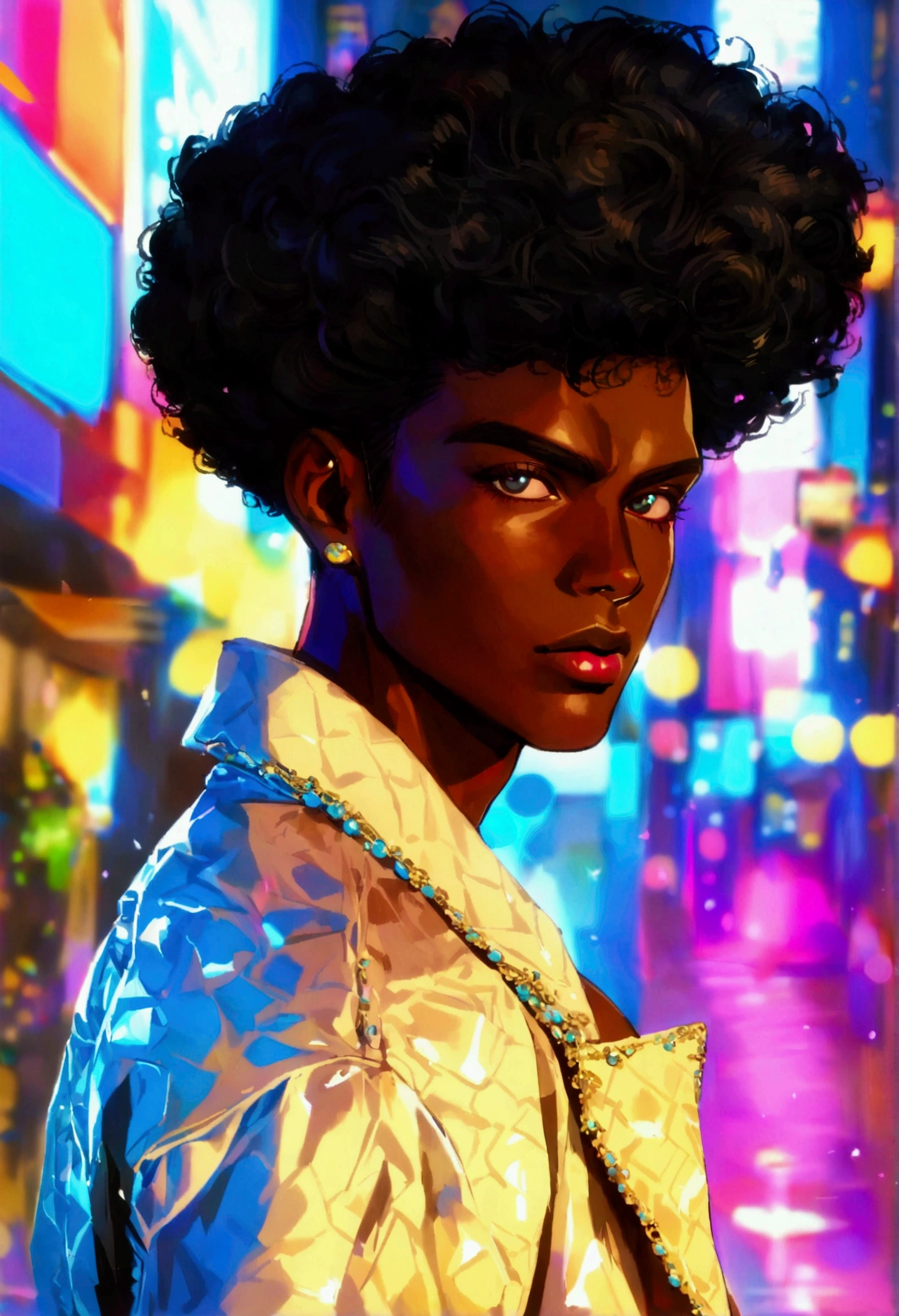 darkskin african male with large afro, 80s city aesthetic, miami vice costume (all white casual suit, black shirt, and white shoes), 80s anime aesthetic