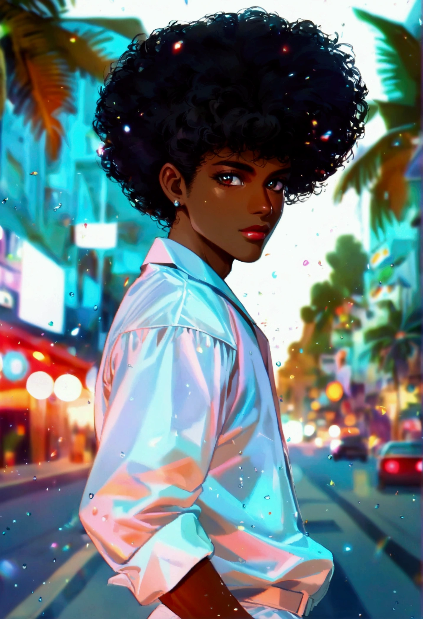 darkskin african male with large afro, 80s city aesthetic, miami vice costume (all white casual suit, black shirt, and white shoes), 80s anime aesthetic