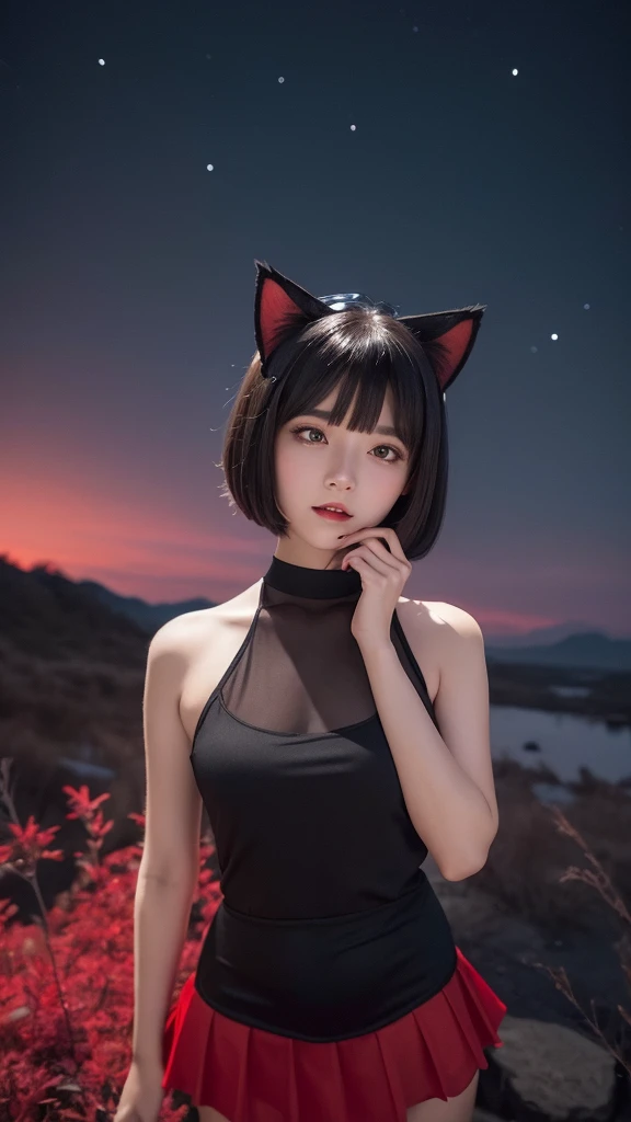 Delicate and dainty young woman with shiny bob-cut black hair and cat ears. She is wearing an off-the-shoulder red only  mini-skirt dress. The background is a fantastic and ethereal night sky that seems to be haunted by a specter. Her expression is stern and atmospheric. Angle from directly below, f-cup