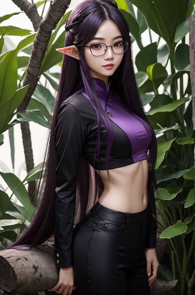 Long Purple hair, Vietnamese, beautiful 23 year old woman, very attractive, brown eyes, elf ears, very cute, thin athletic body, wearing black professional business attire and glasses, photoshoot, in jungle, confident