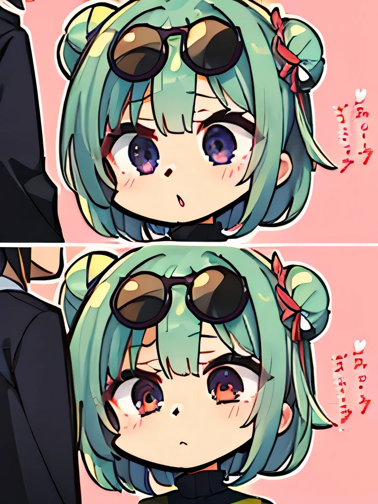 (highres), (best quality), (detailed), (chibi art style)1 girl, alone, medium hair, pastel green hair, twin buns, violet eyes, round black sunglasses on head, black sleeveless turtleneck top, green shorts, dark brown boots, very surprised