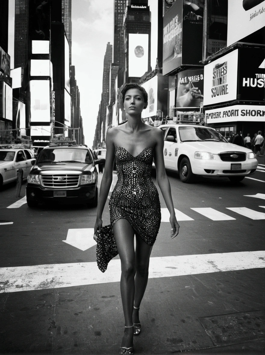 Araffe woman walking along a busy street in a topless dress, a black and white photo, inspired by Peter Lindbergh, tumblr, digital art, am Time Square, standing am Time Square, Street photo, 4x5 styled Street photography, Street photography style, Taken with Hasselblad, Auf dem Times Square, shot on hasselblad, Street photograph, Street photography, hypnotic