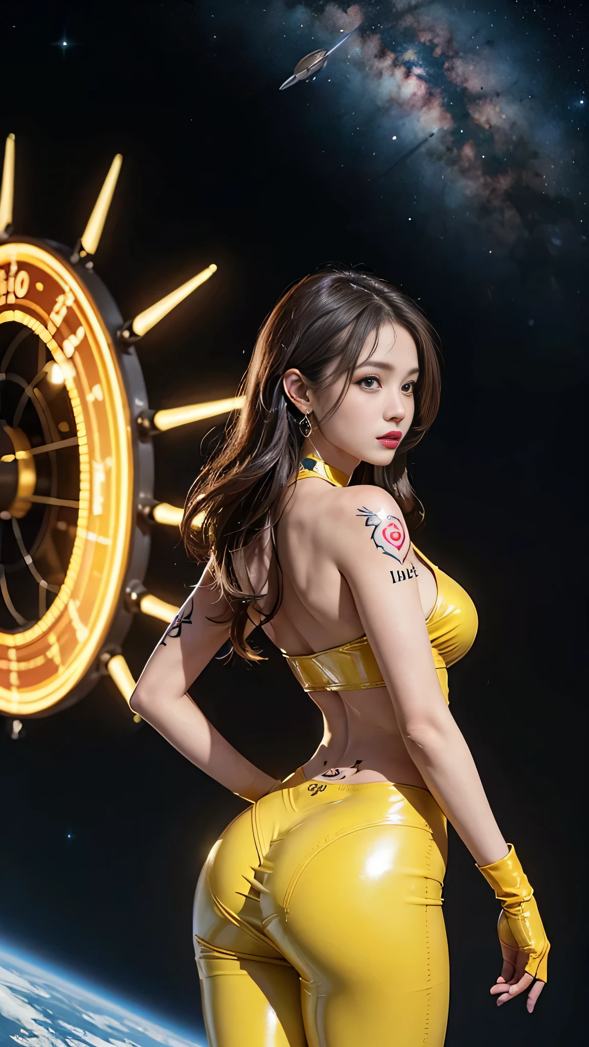 8k, Top Quality, (Beauty), High Definition, Realistic, Real Person, Jackpot at Slot Machine, Guts Pose, Smiling, Screaming, One Young Pretty Girl, Shiny Enamel Shorts, T-shirt So Short That Makes You Hungry, Short Leather Jacket, (Wearing a lot of fancy accessories)), High Heels