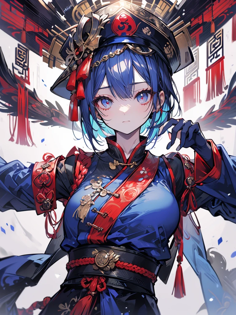 Jiangshi, hat with talisman attached, hands outstretched, no highlights on eyes, cute sleeves, navy blue Chinese clothing