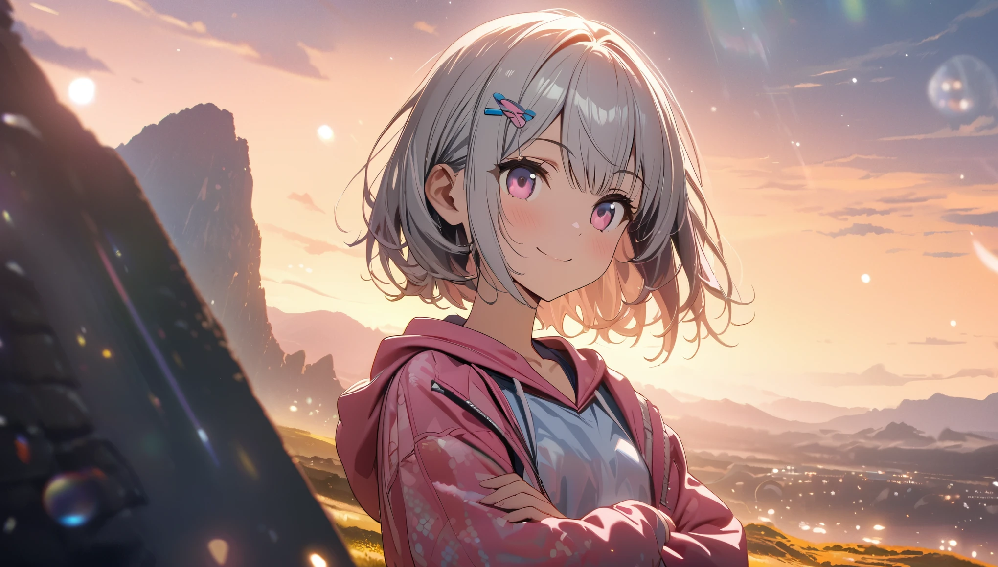one girl, silver short hair and bob hair、I tied my hair in a bun with a hair clip..、beautiful pink eyes、smile、gentle smile on her face、flat chest, one Beautiful girl,((masterpiece, illustration, best quality) ((ultra-detailed))mountainous horizon,She is wearing pink shorts with jeans textured lace, wears hoodie in yellow modern style fashion, sitting, crossed arms, 濃い青とBeautiful Blueのグラデーション, High resolution, 8K HD detail, hyper-detail, cinematic, surrealism, soft light, deep field focus bokeh, ray tracing and surrealism. --v6