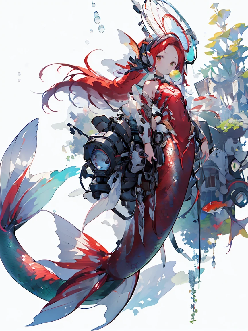 (high resolution) , (best qualityer),(4 k image),(detailedeyes),(body detailed). (1 mermaid , big red hair.),(very small chest), 1 mermaid,with a lollipop in your mouth,entire body visible,with a fish tail for feet (sample body)