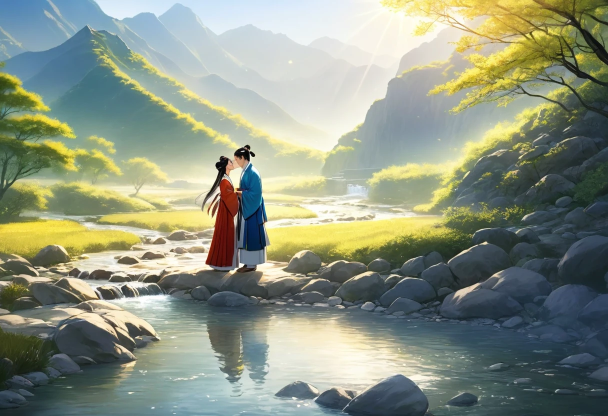 ancient china, spring morning with light sun light, in the foot of a mountain there is a stream, a man and a woman wearing hanfu standing on the bank of the stream kiss each other