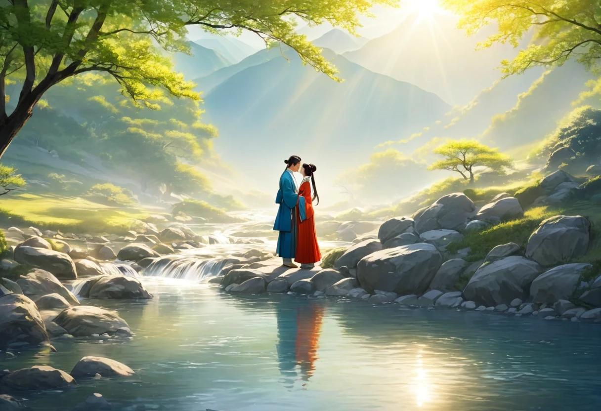 ancient china, spring morning with light sun light, in the foot of a mountain there is a stream, a man and a woman wearing hanfu standing on the bank of the stream kiss each other
