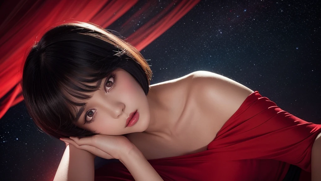 Delicate and dainty young woman with shiny bob-cut black hair . She is wearing an off-the-shoulder bright red. The background is a fantastic and ethereal night sky that seems to be haunted by a specter. Her expression is stern and atmospheric. Angle from directly below. face closeup