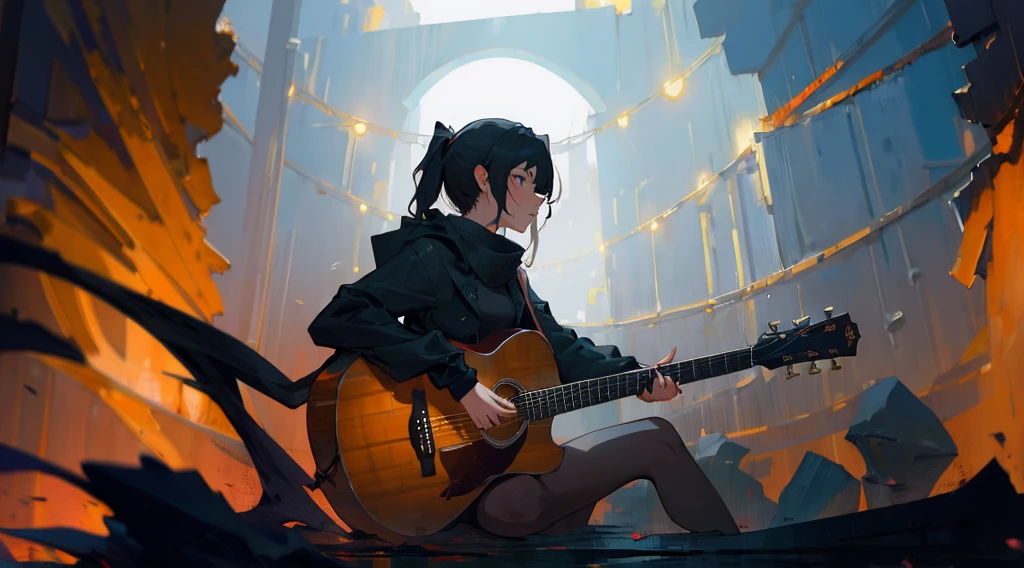 (masterpiece:1.3), (the best quality:1.2),
masterpiece,night,(dark alley),dire backgroud,
(1 girl), (solo), Knee hugging sitting,acousticguitar