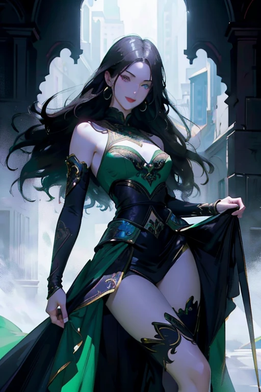 Beautiful 24 yo woman of Irish descent. athletic figure,(pale:1.4)complexion. raven black hair, green eyes, cute , nice legs. Kind eyes,(joy:1.3),(smile:1.2). Long flowing dress, high heels.Masterpiece, (highly detailed:1.2),(detailed face and eyes:1.2), depth of field, 8k wallpaper, natural lighting, core shadows, high contrast, bokeh.(rule of thirds)