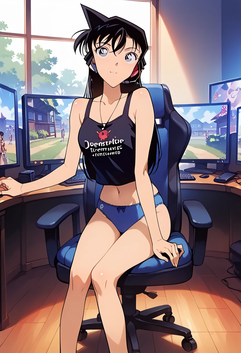 ((masterpiece,High resolution,Highest quality,8k))(Detective Conan,Deadrank)(****************,Black Hair,Long Hair,Slim figure)Tank top,Blue panties,room,Sit in a gaming chair,headset,Playing a game,pc