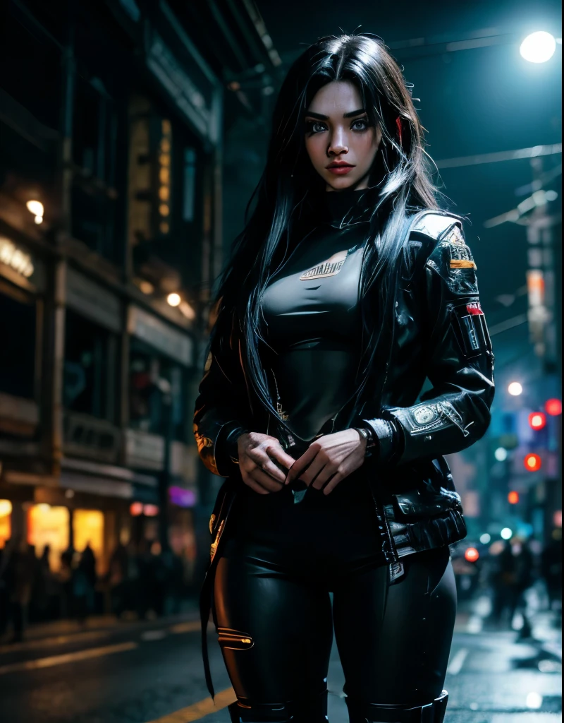 solo, Sasha Yakovleva, Cyberpunk 2077, Edgerunner, Night City, cyberpunk character concept art, ((masterpiece)),((high resolution)),((best quality)), extremely fine and beautiful, super fine illustration, (realistic skin), (insanely detailed blue eyes), lone woman, vivid and beautiful, shocking sensation, incredibly detailed, beautiful detailed girl, innocent, (medium supple breasts:1.0), front view, facing at viewer, (modest military clothes:1.0), ((black hair)), (long hair), (plump thighs:0.6), (wide hips:0.6), movie lighting, weighted shadows, weighted hair, realistic physics, perfect shadow, realistic lighting shaded, cyberpunk crowded street scenery