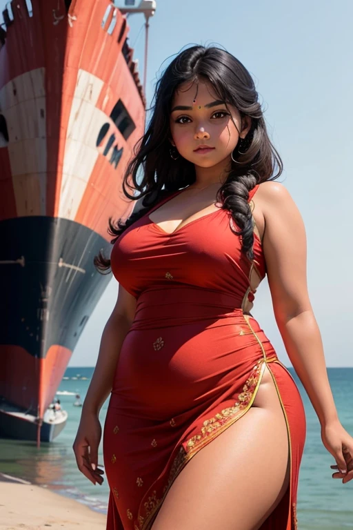 Indian girl, chubby figure, in front of a ship, Wearing a hot dress, posing for a sexy photo