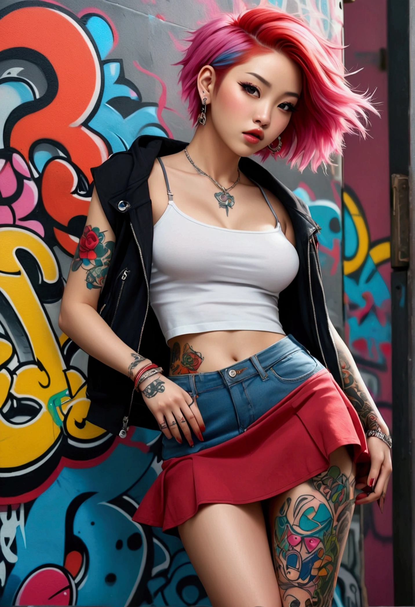 (Maximum image quality), (masterpiece), (Dynamic, realistic photography, realist, Amazing, Dark, sharp focus, 8k), Full color drawing of korean girl hip hop, hip hop, hip hop, hip hop, Miniskirt jeans, Rap (((graffiti art))), At the bottom of the sea, crazy details, complicated details, hyper details , low contrast, Suave, cinematic light, touch combination, HdR, Forehead (1 girl), bare legs, bare shoulders, (colorful hair), music, White skin, sexy, luxurious, Model pose , (detailed face, Lips, nose, red, eyelid, Lipsstick, beautiful face), thigh length skirt, (whole body), (whole body get tattoo:1.2), Pink sneakers, good body, open legs