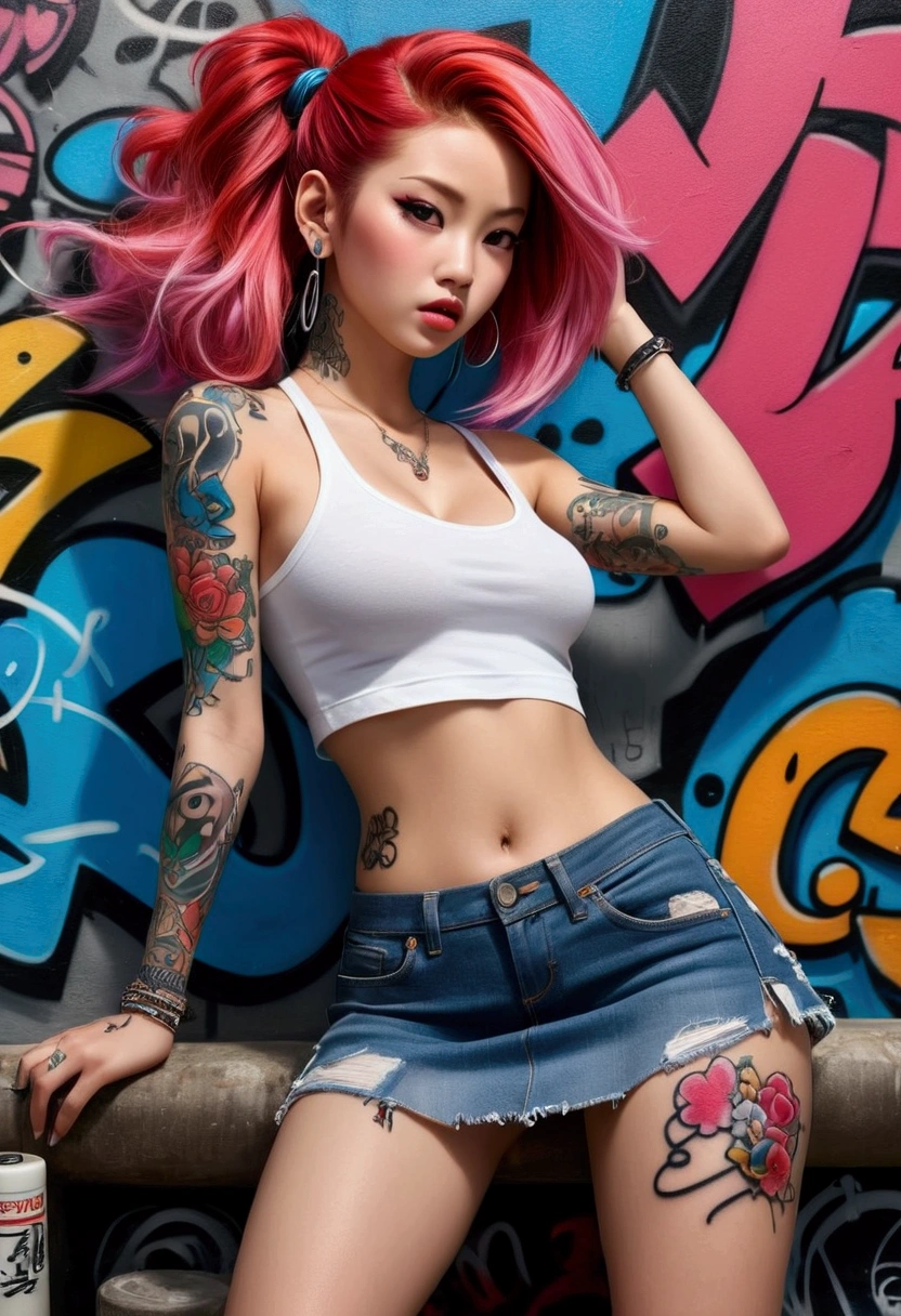 (Maximum image quality), (masterpiece), (Dynamic, realistic photography, realist, Amazing, Dark, sharp focus, 8k), Full color drawing of korean girl  hip hop, hip hop, hip hop, hip hop, Miniskirt jeans, Rap (((graffiti art))), At the bottom of the sea, crazy details, complicated details, hyper details , low contrast, Suave, cinematic light, touch combination, HdR, Forehead (1 girl), bare legs, bare shoulders, (colorful hair), music, White skin, sexy, luxurious, Model pose , (detailed face, Lips, nose, red, eyelid, Lipsstick, beautiful face), thigh length skirt, (whole body), (whole body get tattoo:1.2), Pink sneakers, good body, open legs