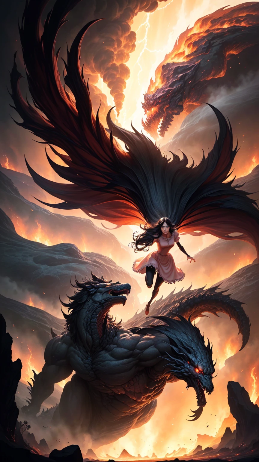 ((best quality)), ((masterpiece)), (detailed), A digital illustration of a furious woman in a light peach color princess dress with long black hair flying in the air surrounded by monsters, with a tornado and lava in the background