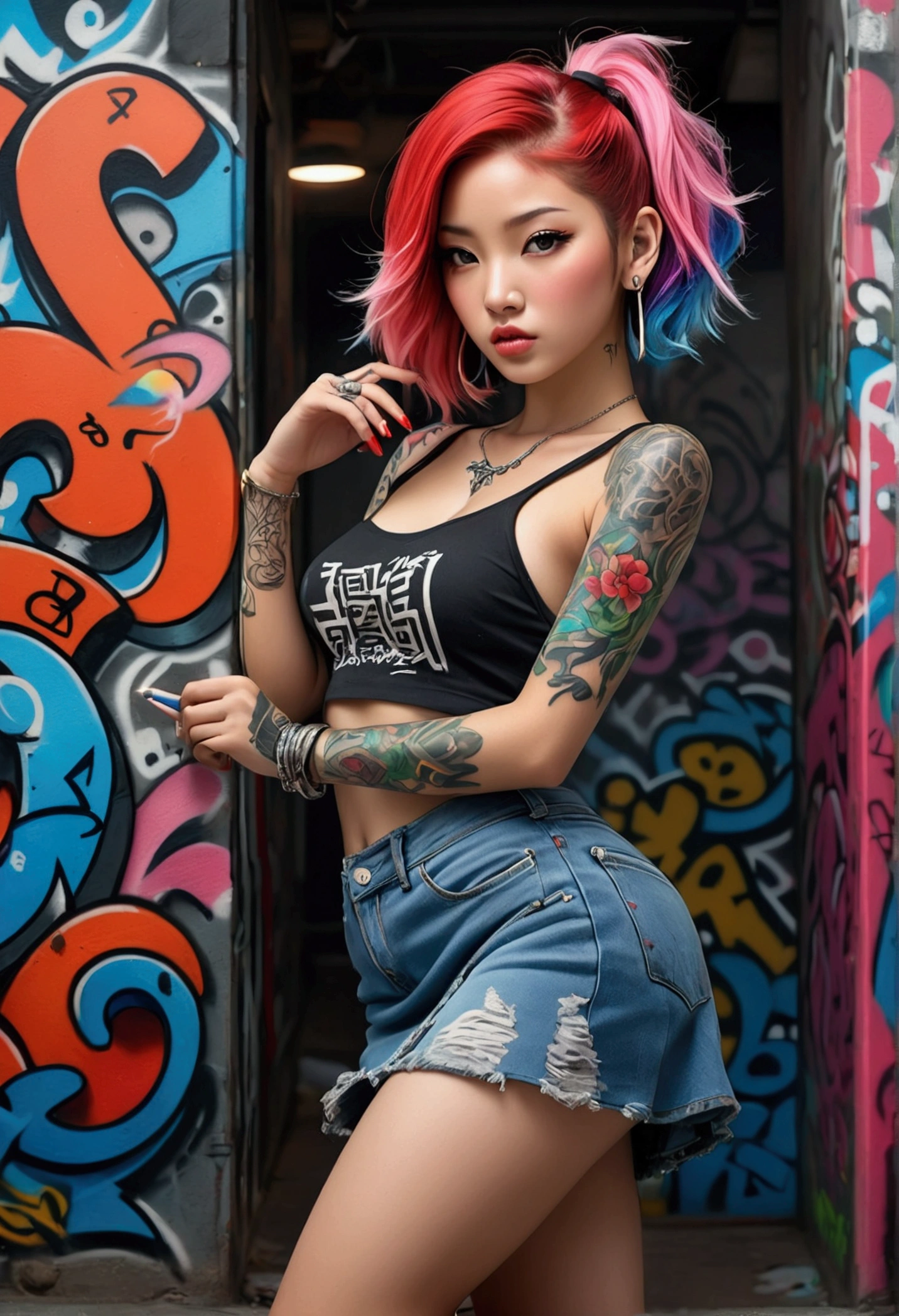 stylized artwork of soft filter. grunge filter. photorealistic. 8k. cinematic, very high resolution. maximum resolution. ultra realistic. unique beautiful face, realistic face, retro grunge photo ascetic. grunge japanese temple wall graffiti., full-body-tattooed. colorful tattoos. beautiful tattoos.  rainbow hair.  cute sexy asian girl, in marijuana plants buds crop, skimpy sheer rainbow lingerie and stockings. sunset
