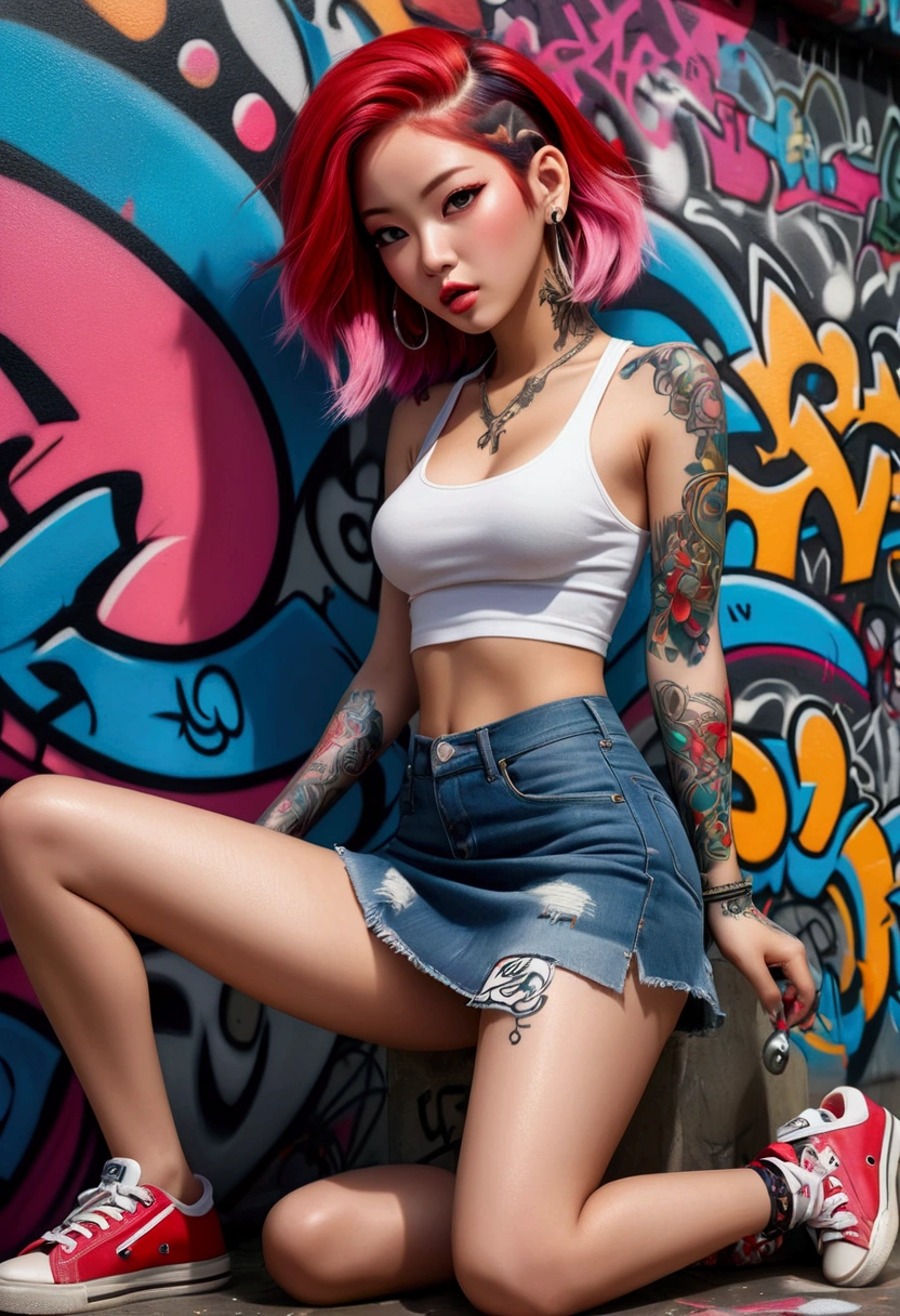 (Maximum image quality), (masterpiece), (Dynamic, realistic photography, realist, Amazing, Dark, sharp focus, 8k), Full color drawing of korean girl  hip hop, hip hop, hip hop, hip hop, Miniskirt jeans, Rap (((graffiti art))), At the bottom of the sea, crazy details, complicated details, hyper details , low contrast, Suave, cinematic light, touch combination, HdR, Forehead (1 girl), bare legs, bare shoulders, (colorful hair), music, White skin, sexy, luxurious, Model pose , (detailed face, Lips, nose, red, eyelid, Lipsstick, beautiful face), thigh length skirt, (whole body), (whole body get tattoo:1.2), Pink sneakers, good body, open legs