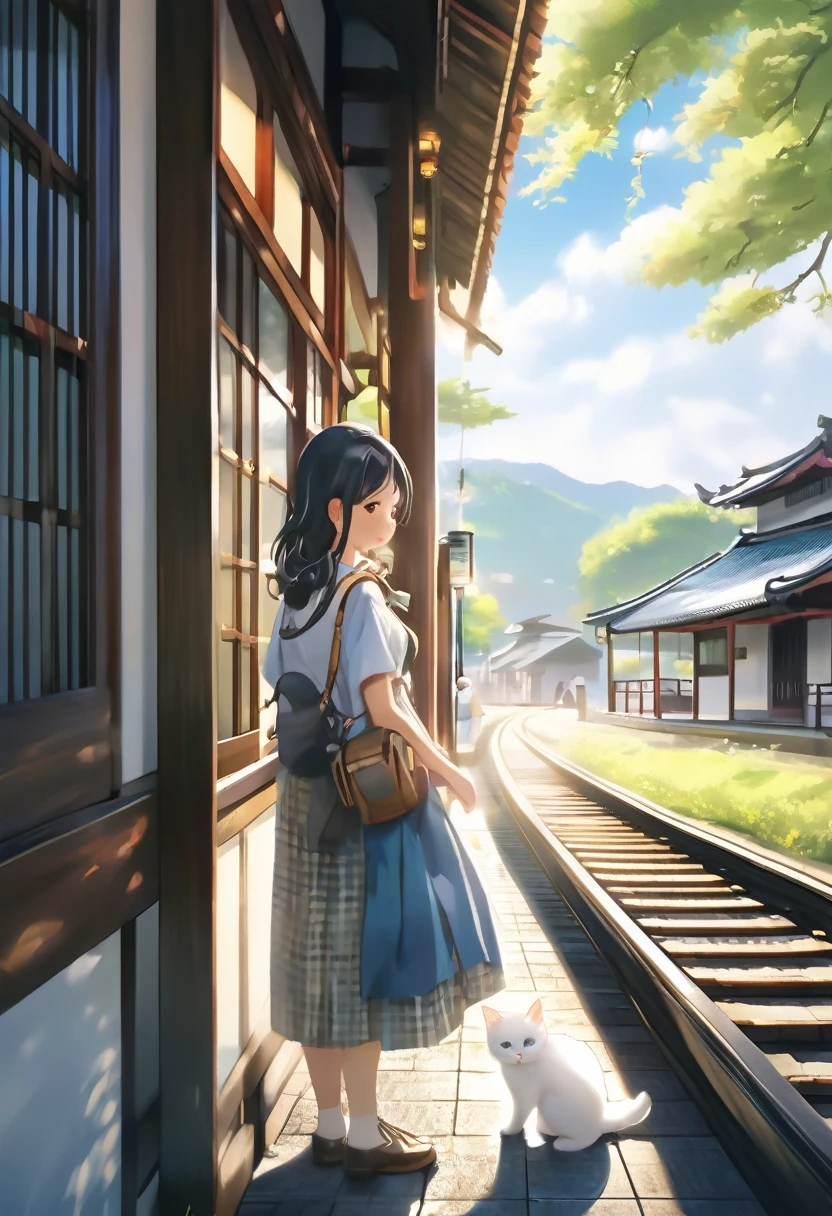 (8K、Raw photo、highest quality、look up:1.2、masterpiece:1.2、genuineistic、ultra high resolution、high contrast、photon mapping、genuine、Super detailed、official art, Raw photo、professional lighting、 light、Vivid atmosphere、twicelight) This scene is、It depicts an old wooden train station in the countryside exposed to the morning sun in spring.。The station building seems to have been forgotten, giving a sense of nostalgia.、There is silence and calm。 On the station platform、There is a girl and a white kitten。The white kitten sits under the door with the clock、Watching over the station premises。This scene is、Reminiscent of a rural Japanese town、The atmosphere is tranquil, as if it were located near a Japanese shrine.。 The girl&#39;s expression is young.々work、Delicate、I am embarking on a new journey amidst a station building and scenery that remind me of nostalgic memories.。A white kitten watches over the premises like a stationmaster.、It seems like they are celebrating the girl&#39;s departure to a new stage.。 This scene is、The beautiful scenery and tranquil atmosphere of the Japanese countryside are combined.、It will give the viewer a sense of comfort and warmth.