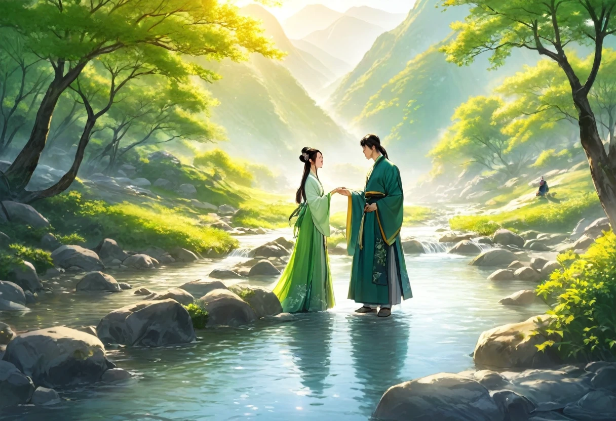 ancient china, spring morning with light sun light and green trees, in the foot of a mountain there is a stream, a man and a woman wearing long hanfu standing on the bank of the stream kiss each other