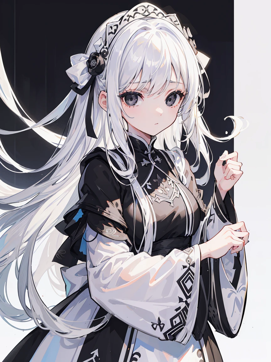 (Top image quality)、(Very detailed)、(Facing forward)、Top quality、masterpiece、(((1 girl )))、Silver Hair、White hair、((Long hair))、Weaving、(black eyes:1.6)、(White and black cheongsam)、Hooded dress、Lots of decorations、Lots of ribbons、White Ribbon、Fluffy loose hair