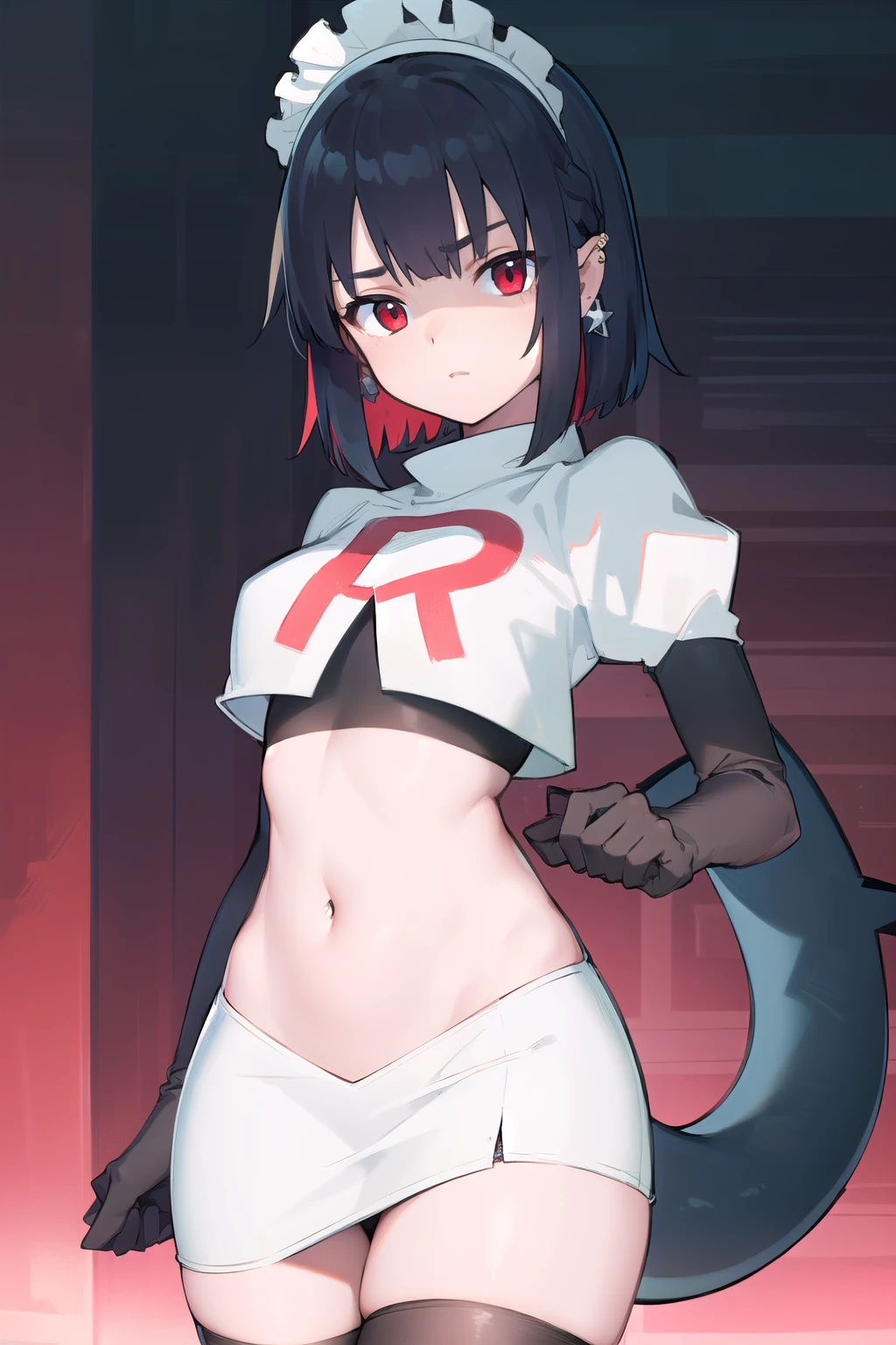 ellenjoe, ellen joe, black hair, colored inner hair, multicolored hair, (red eyes:1.3), red hair, short hair, two-tone hair,
BREAK ear piercing, fins, fish tail, maid headdress, piercing, shark girl, shark tail, tail, two-tone hair, team rocket,team rocket uniform,white skirt,red letter R,crop top,black thigh-highs,black elbow gloves,
BREAK looking at viewer, (cowboy shot:1.5),
BREAK (masterpiece:1.2), best quality, high resolution, unity 8k wallpaper, (illustration:0.8), (beautiful detailed eyes:1.6), extremely detailed face, perfect lighting, extremely detailed CG, (perfect hands, perfect anatomy),