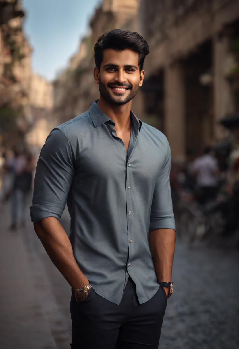 ((Best quality, 8k, Masterpiece :1.3)), 1 Indian guy, smiling, full body, slim face, handsome guy, (Dark brown hair), dress shirt :1.1, Ultra-detailed face, Detailed eyes, Double eyelid, blur background, slim face, city, outside, street,