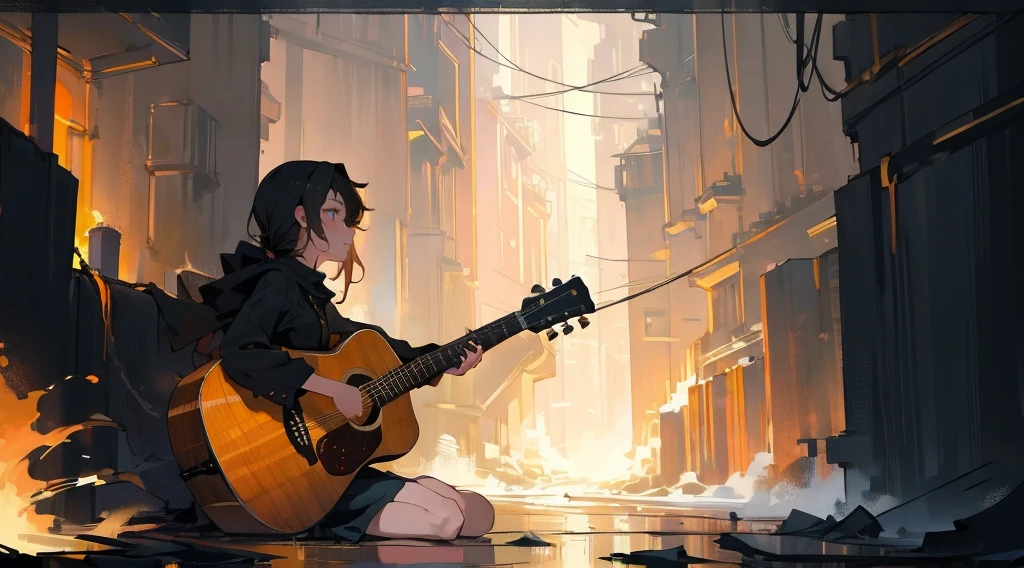 (masterpiece:1.3), (the best quality:1.2),
masterpiece,night,(dark alley),dire backgroud,
(1 girl), (solo), Knee hugging sitting,acousticguitar