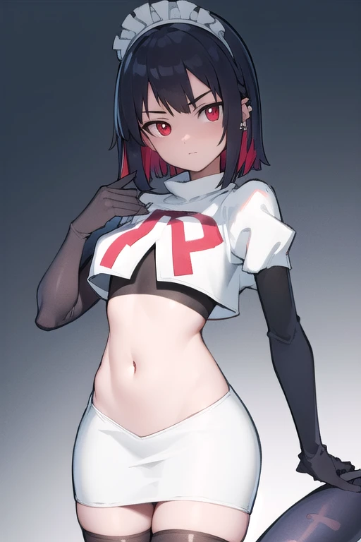 ellenjoe, ellen joe, black hair, colored inner hair, multicolored hair, (red eyes:1.3), red hair, short hair, two-tone hair,
BREAK ear piercing, fins, fish tail, maid headdress, piercing, shark girl, shark tail, tail, two-tone hair, team rocket,team rocket uniform,white skirt,red letter R,crop top,black thigh-highs,black elbow gloves,
BREAK looking at viewer, (cowboy shot:1.5),
BREAK (masterpiece:1.2), best quality, high resolution, unity 8k wallpaper, (illustration:0.8), (beautiful detailed eyes:1.6), extremely detailed face, perfect lighting, extremely detailed CG, (perfect hands, perfect anatomy),