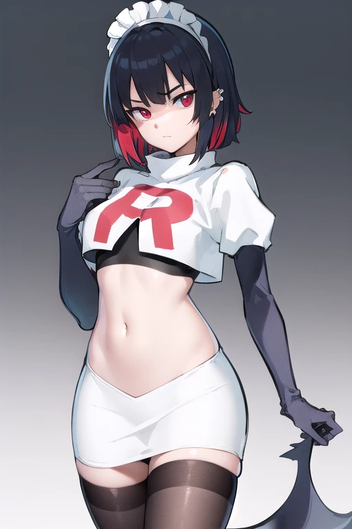 ellenjoe, ellen joe, black hair, colored inner hair, multicolored hair, (red eyes:1.3), red hair, short hair, two-tone hair,
BREAK ear piercing, fins, fish tail, maid headdress, piercing, shark girl, shark tail, tail, two-tone hair, team rocket,team rocket uniform,white skirt,red letter R,crop top,black thigh-highs,black elbow gloves,
BREAK looking at viewer, (cowboy shot:1.5),
BREAK (masterpiece:1.2), best quality, high resolution, unity 8k wallpaper, (illustration:0.8), (beautiful detailed eyes:1.6), extremely detailed face, perfect lighting, extremely detailed CG, (perfect hands, perfect anatomy),