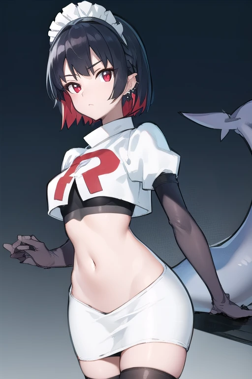 (anime art style:0.5), 2d, masterpiece, best quality, very aesthetic, absurdres, dynamic shadows, atmosferic, ellen_joe, genshin impact, (1girl), (solo), (black hair), short hair, red locks, red eyes, detailed eyes, mole under eye, hair between eyes, bangs, medium breasts, curvy body, makeup, (one tail), fish ornaments, fish tail, spiked choker, spiked bracelet, x hair ornament, ear piercing, red nail polish, white bikini, string bikini, (sexy smile), (cowboy shot), (standing), ((from front)), (spread legs), looking at viewer, street, futuristic city, clouds, night, building, people