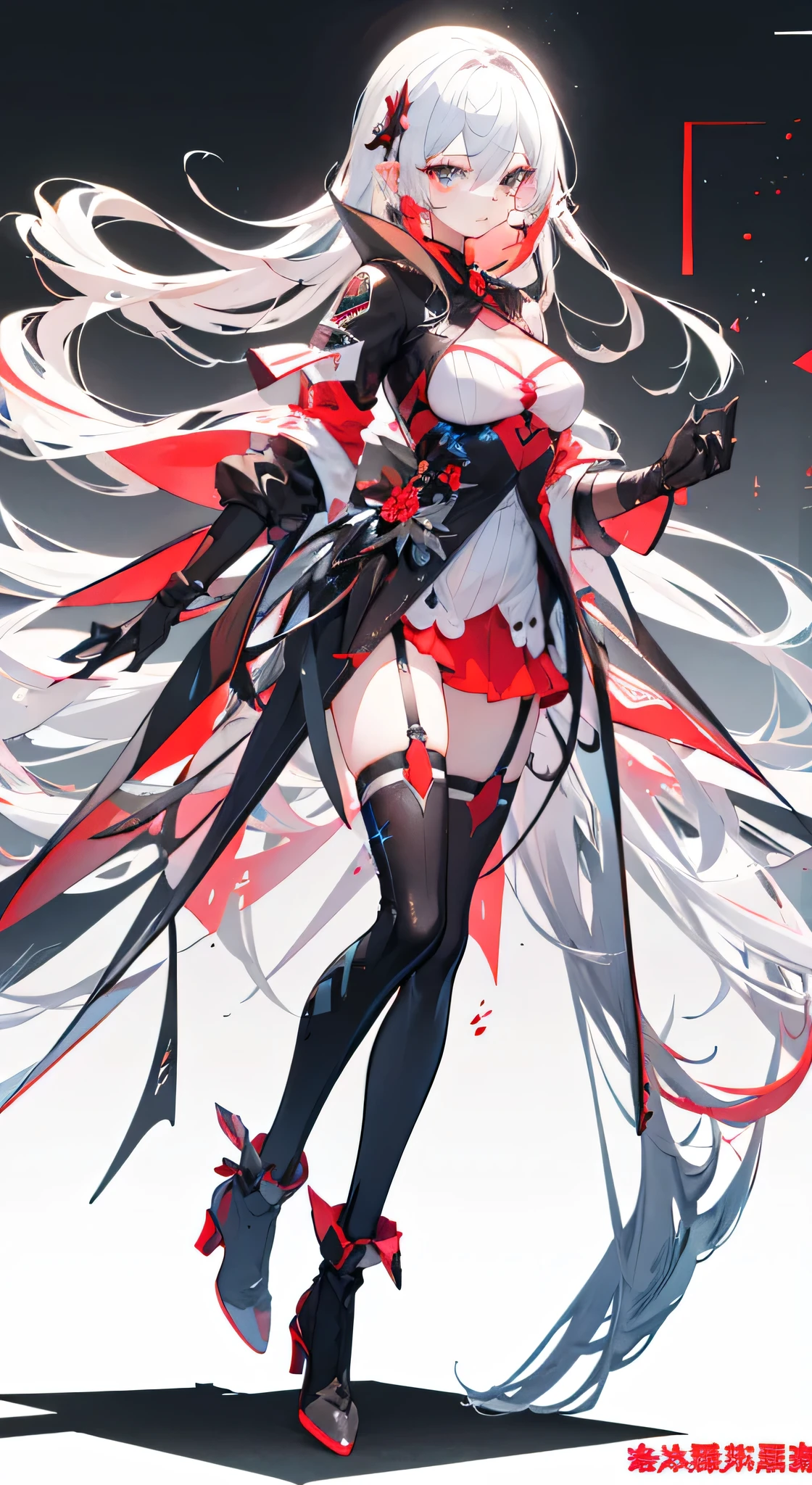 White hair,Long hair,high-heel boots,Gloves,Leg ring,best quality,, Super cute girl, Mature girl, Extremely beautiful,,, Super beautiful White hair, Radiant Skin, Slim and exquisite figure, Perfect body,Black clothes,Bright Eyes,Rich colors,