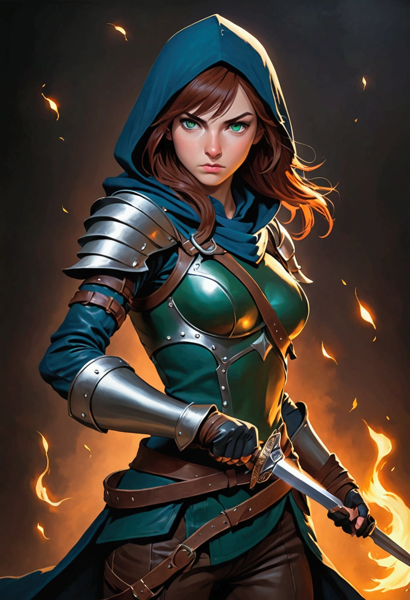 A female rogue from Dungeons and Dragons, 5'3", 135 pounds, green eyes, 19-years-old, medium-long auburn hair, Caucasian skin, fully hooded midnight blue leather armor, a mask covering the lower half of her face, wielding 2 daggers and ready to fight, concentrating, full body, skinny and fast, b-cup breasts