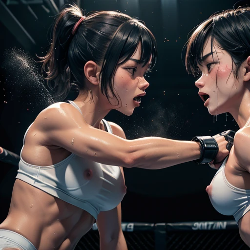 two bloody japanese girl fighters are fighting survival so hard in the octagon ring. The girls thrust their fists toward their opponents. they are attacking opponent's face each other by dynamic punch. they have no energy. they have short-cut black hair, shortness of breath, drool from her mouth, closed eye, exhaustion, and sweat soaked. open finger grobe. Muscularity. Six pack abs. Erect nipples.