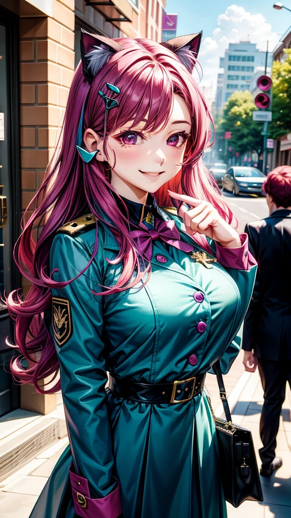 best quality, 8k, sharp focus, depth of field, best shadows, perfect lights, HDR, realistic skin texture, detailed, hyper detailed background, solo, 1 woman, Yuna crawford, pink hair, ponytail and messy bangs, green eyes, wearing a lewd blue college dress, showing off her pink panties, in a military school, anime style inspired by trails of cold steel IV,