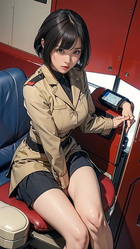 ****************、Earth Federation Operator Girl Soldier、Black short hair、Large Breasts、Idol-level cuteness、Childish face and appearance、Operator intercom mounted on head、Accurately drawn faces、thin、健康的なKnee-lengthスカート風の地球連邦軍制服、Knee-length、Inside the bridge of a battleship、Low angle shot、Anatomically correct、Accurate Fingers、Accurate Rimbuster Piece、Photorealization